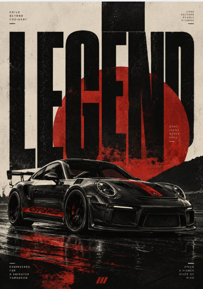 A black sports car on a wet track under huge LEGEND lettering and a red sun, full artwork