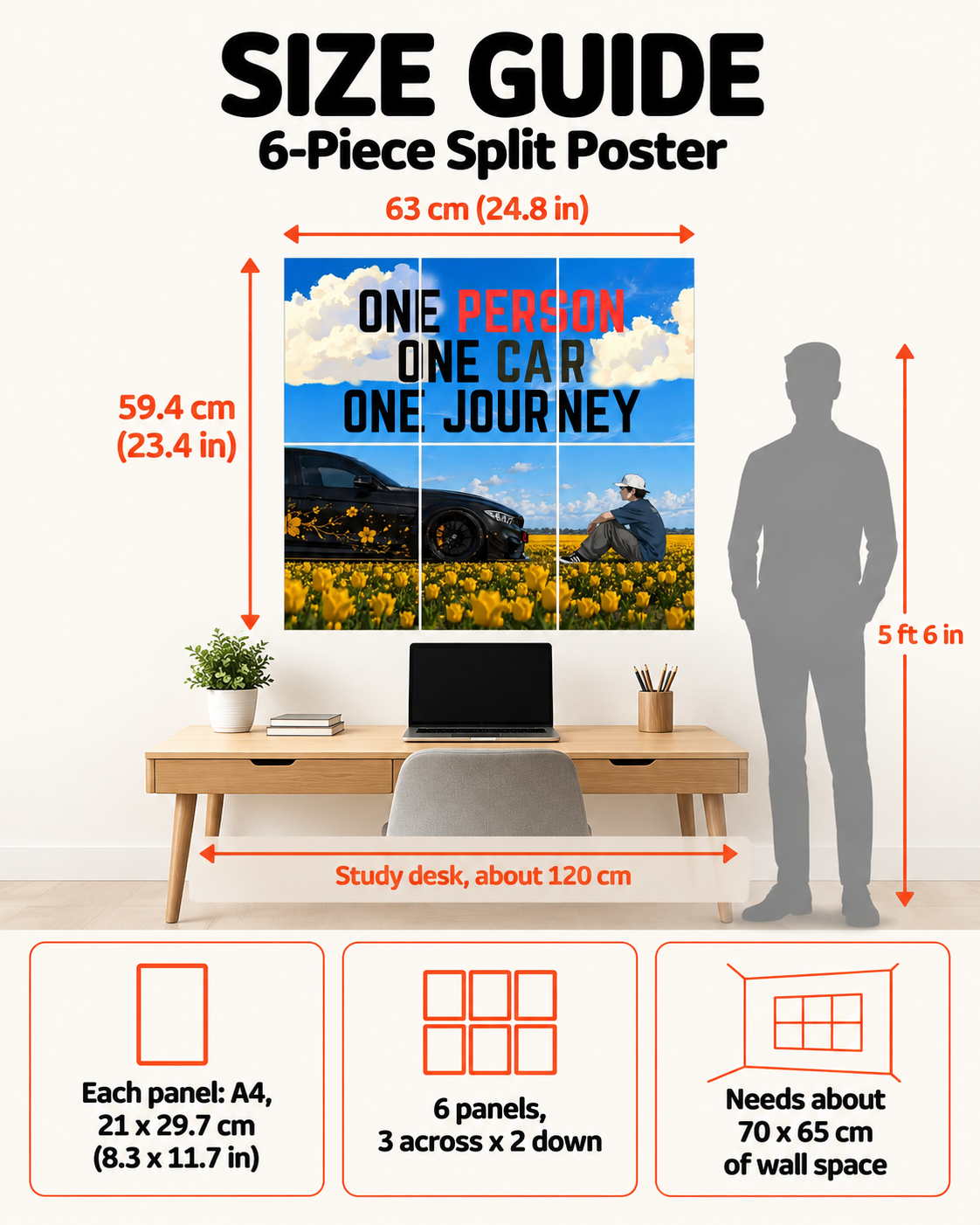 6 piece split poster size guide showing the panel layout and measurements