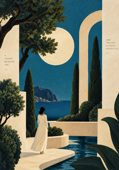 A woman in a white dress walking past a pool, white arches, cypress trees and a pale moon over the sea, full artwork