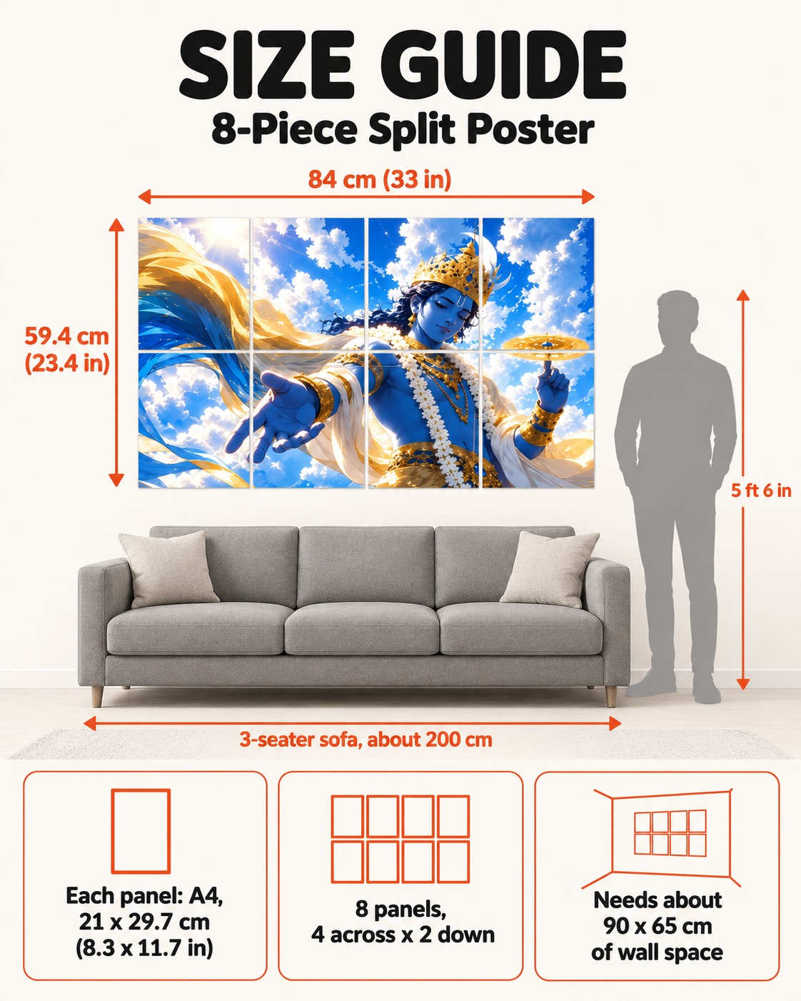 8 piece split poster size guide showing the panel layout and measurements