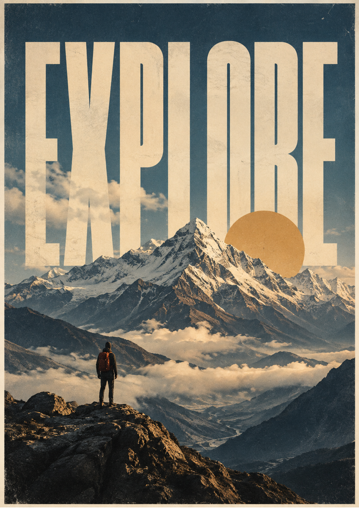 A lone hiker on a rocky peak above snowy mountains and clouds, under EXPLORE lettering and a gold sun, full artwork