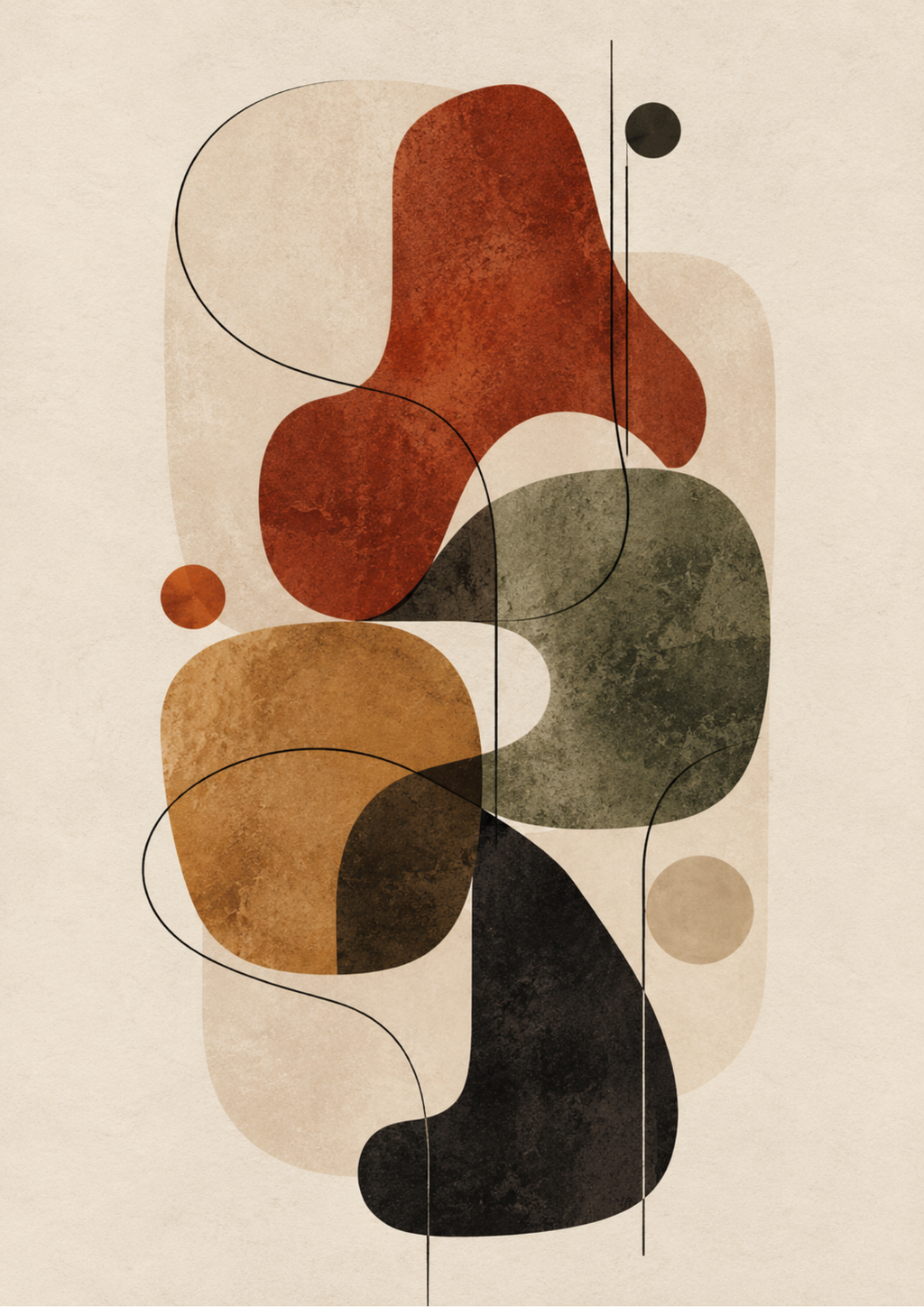 Stacked organic shapes in rust, olive, ochre and black with a single flowing line on beige, full artwork