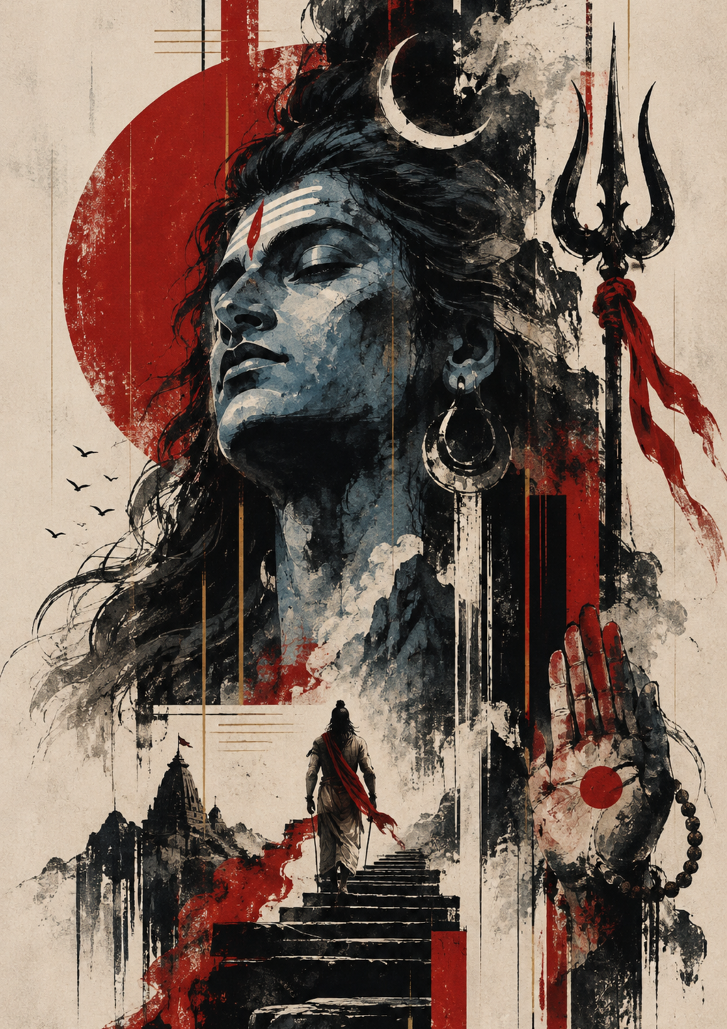 Lord Shiva with closed eyes, a crescent moon and trident, against a red sun and temple steps, full artwork