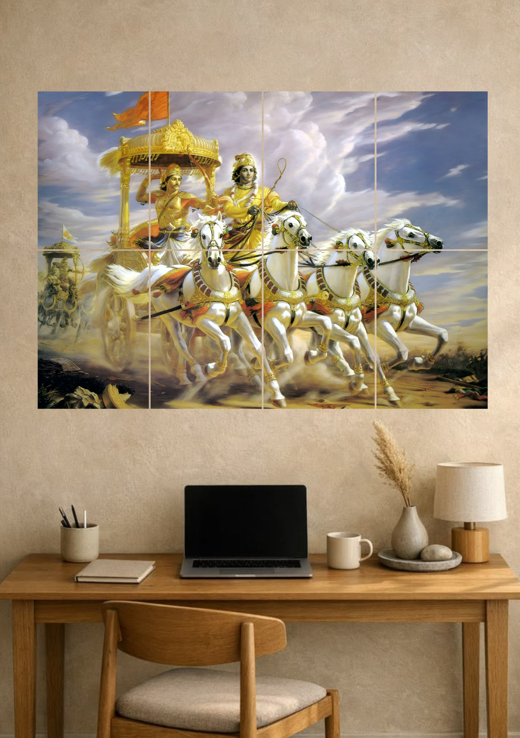 Krishna and Arjuna on a golden chariot pulled by four white horses under a cloudy sky, 8 piece split poster above a desk