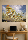 Krishna and Arjuna on a golden chariot pulled by four white horses under a cloudy sky, 8 piece split poster above a desk