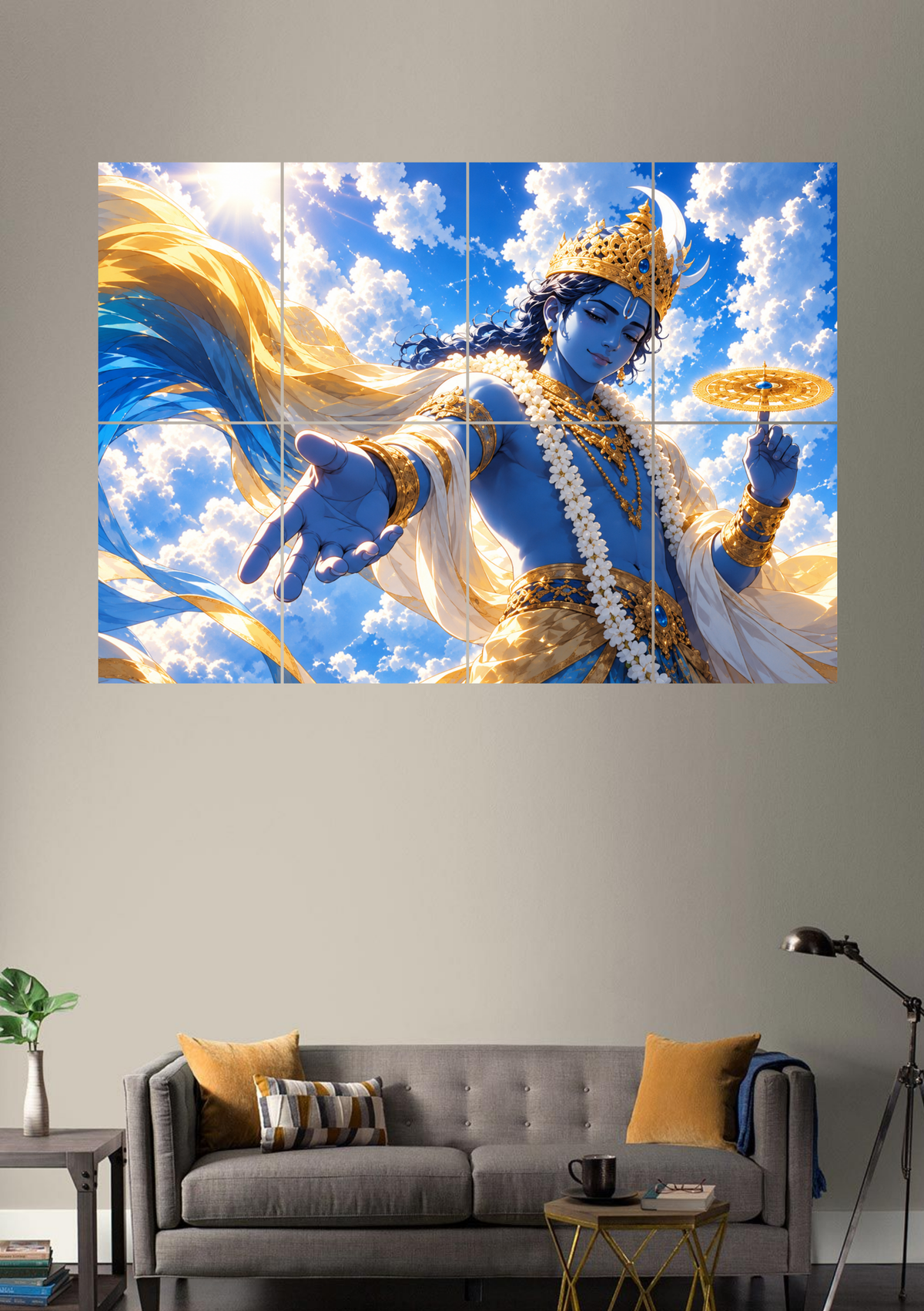 Blue Krishna with a golden crown holding the Sudarshan Chakra among bright clouds and golden silk, 8 piece split poster in a styled room