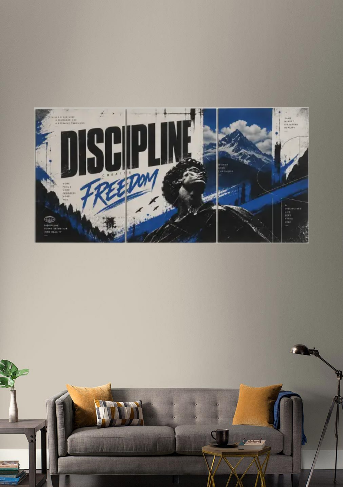 DISCIPLINE and Freedom lettering in blue and white with mountains and a figure, 3 piece split poster in a styled room