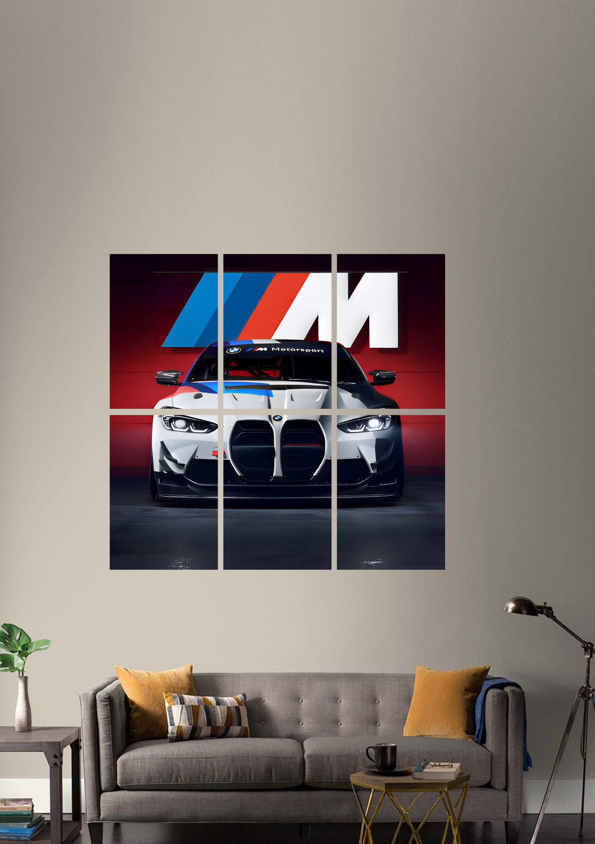 A white race coupe seen head-on against a red backdrop with blue and red stripes, 6 piece split poster in a styled room