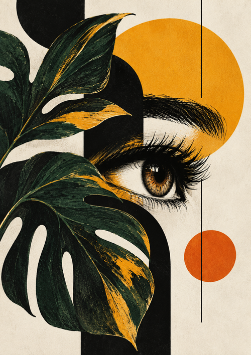 A detailed eye half-hidden by a dark monstera leaf, with yellow and orange circles and thin black lines, full artwork