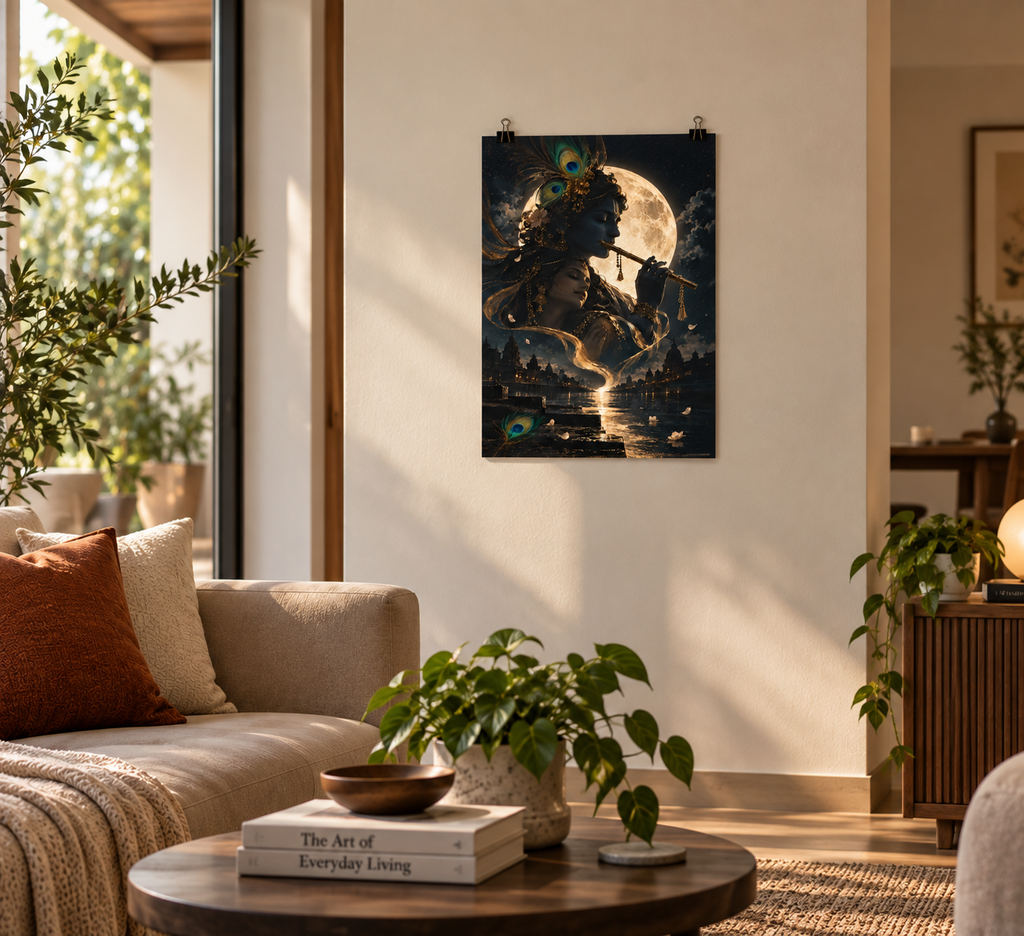Krishna playing the flute under a full moon with Radha resting beside him over a riverside temple, poster in a styled room