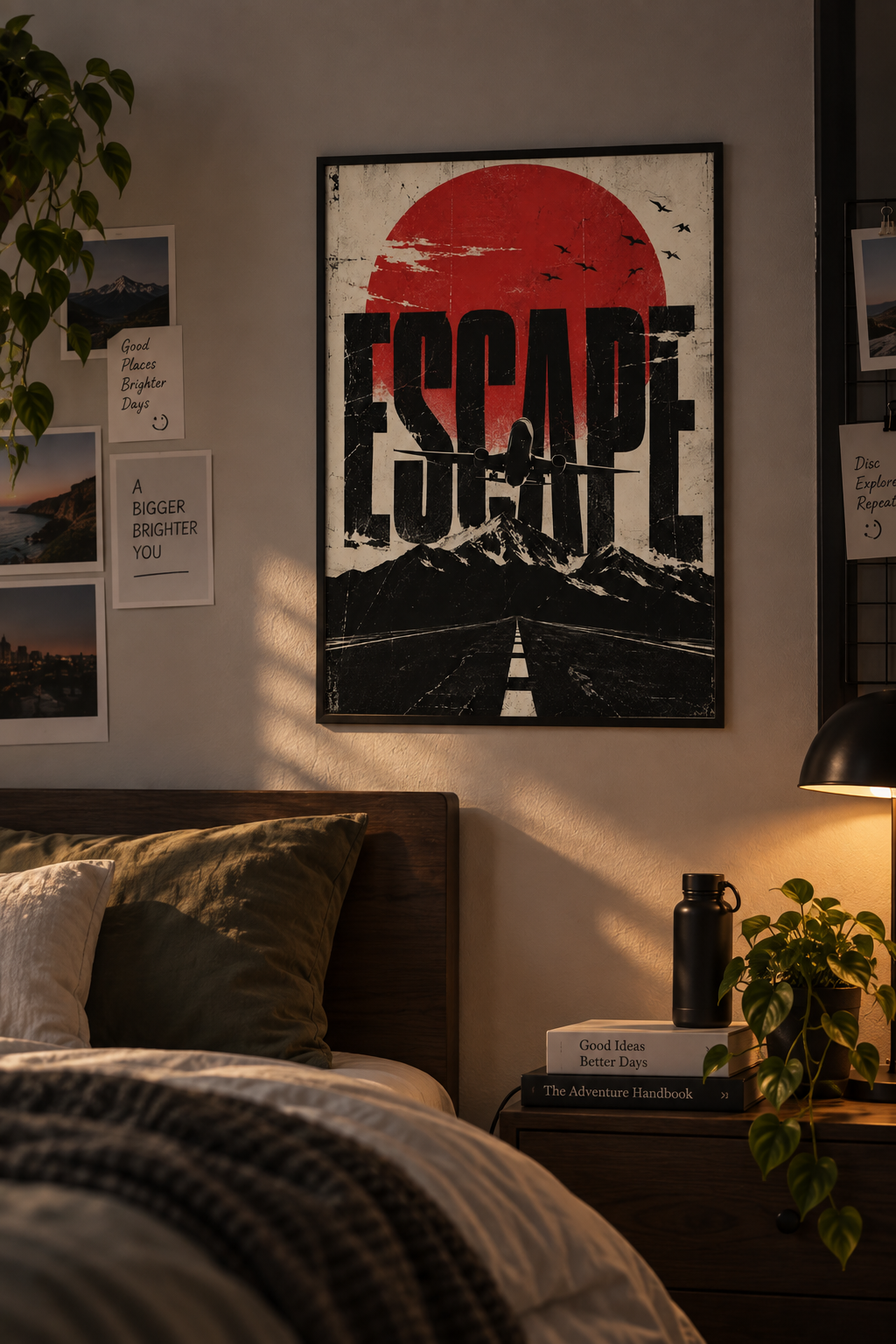 Distressed ESCAPE lettering over black mountains and an open road under a red sun and birds, poster in a styled room