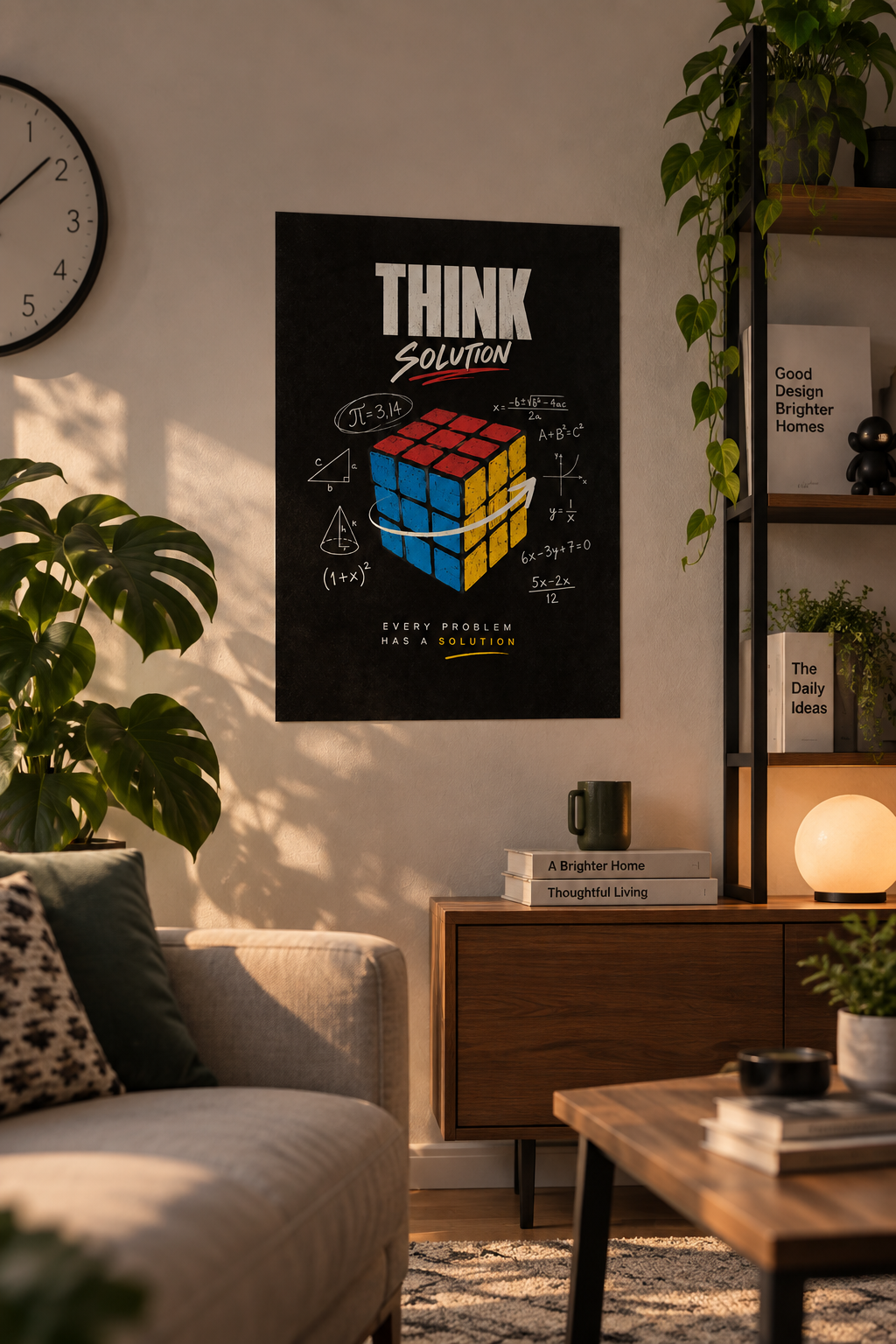 A colourful puzzle cube surrounded by chalk maths formulas under the words THINK SOLUTION, poster in a styled room