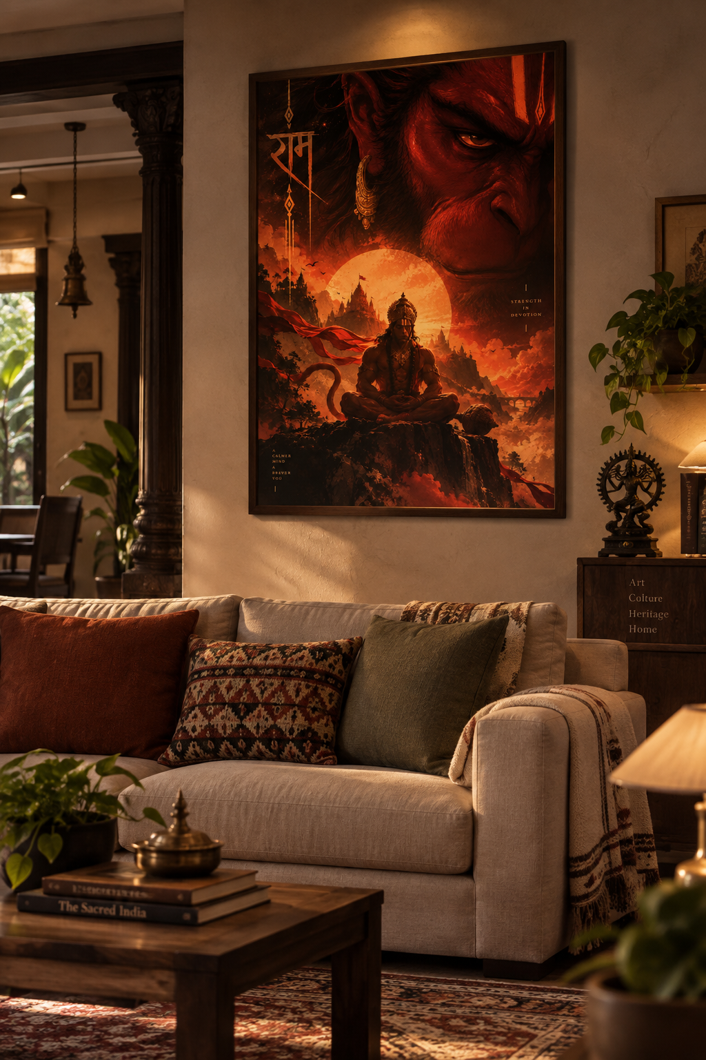 Hanuman meditating on a cliff before a fiery sunset, with a giant Hanuman face and Ram written in the sky, poster in a styled room