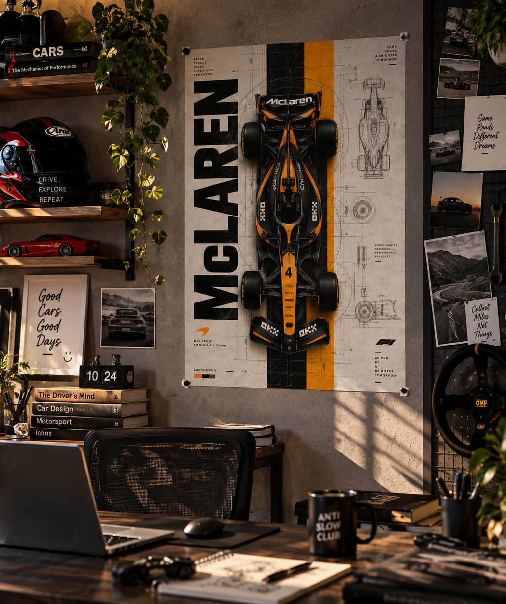 A top-down orange and black formula race car on a technical blueprint background, poster in a styled room