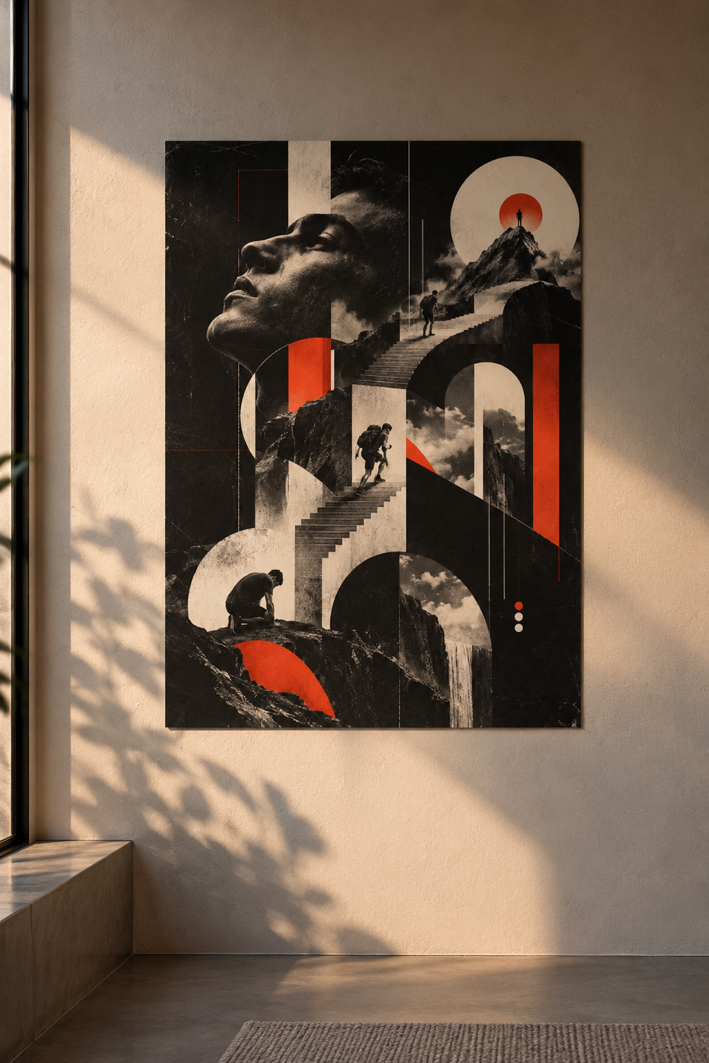 A giant face in profile above climbers on stairs and arches, with a red sun on a mountain peak, poster in a styled room