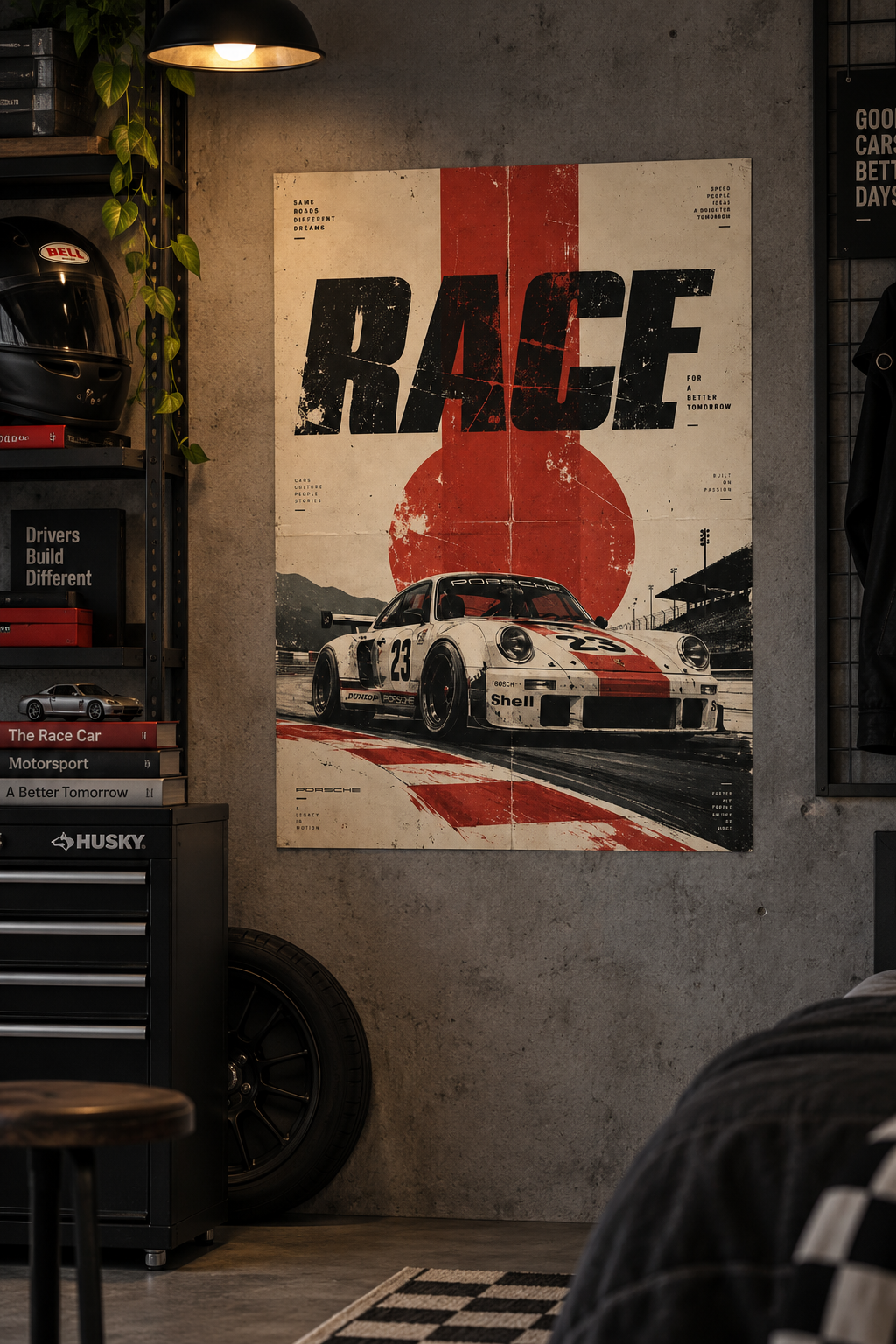 A classic white race car with red stripes and number 23 on a track under RACE lettering and a red sun, poster in a styled room