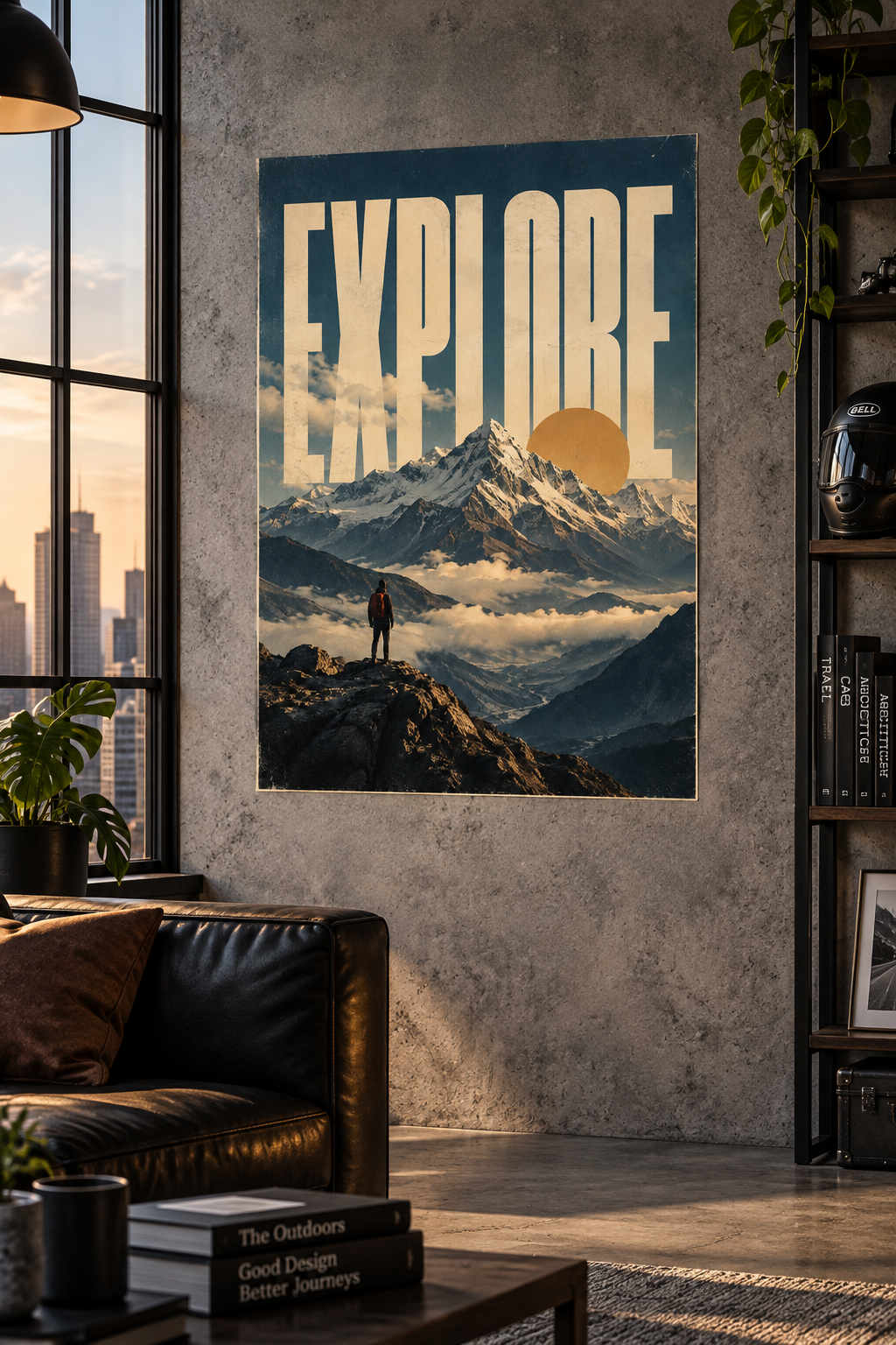 A lone hiker on a rocky peak above snowy mountains and clouds, under EXPLORE lettering and a gold sun, poster in a styled room
