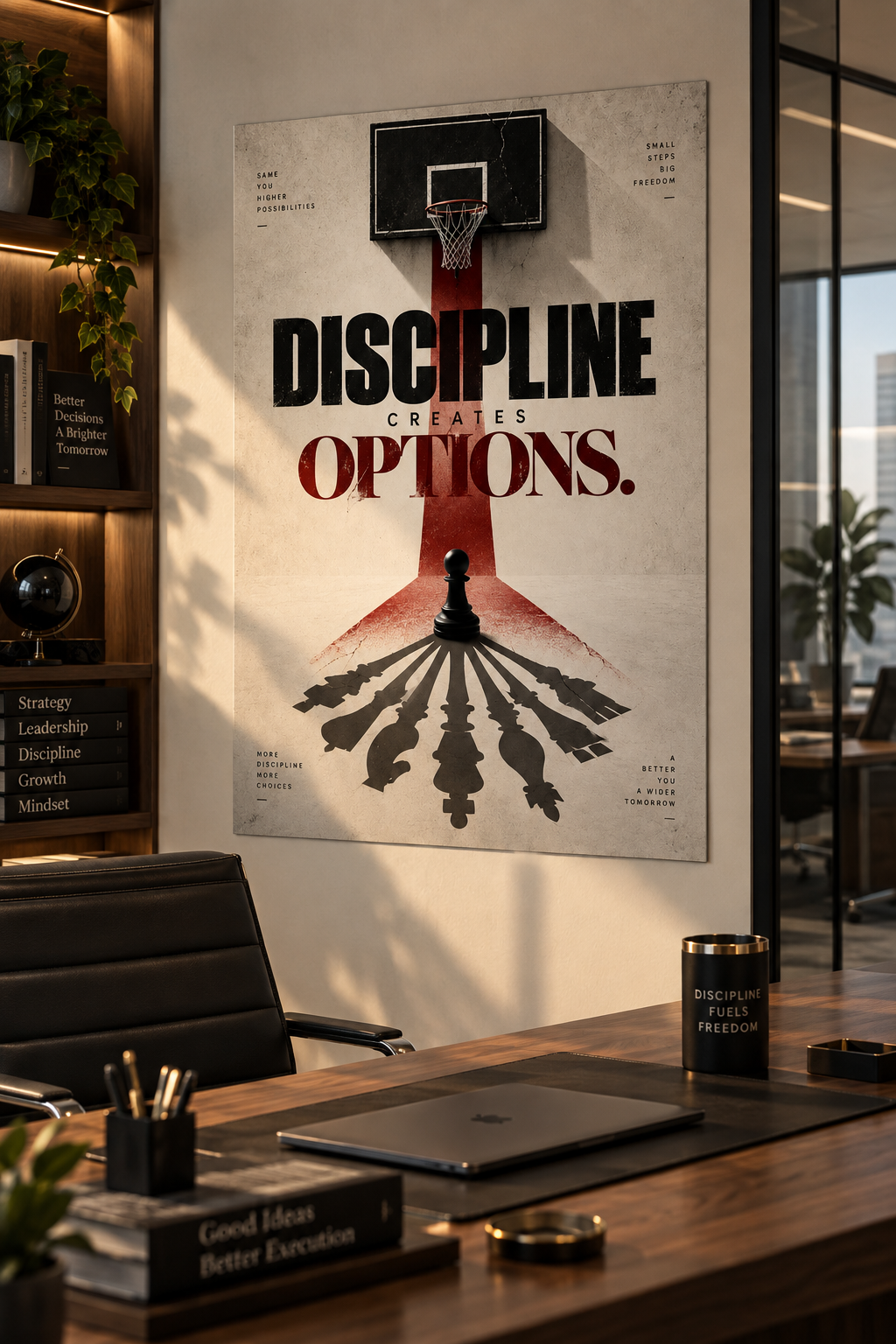 A basketball hoop above a red court path and a chess pawn casting the shadows of every chess piece, poster in a styled room