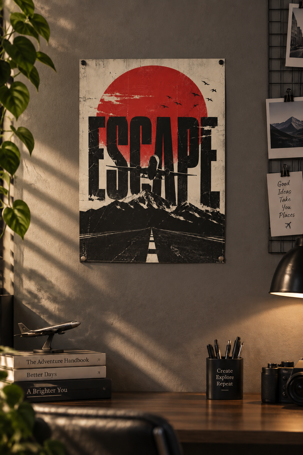 A jet flying over black mountains and an open road beneath ESCAPE lettering, a red sun and birds, poster in a styled room