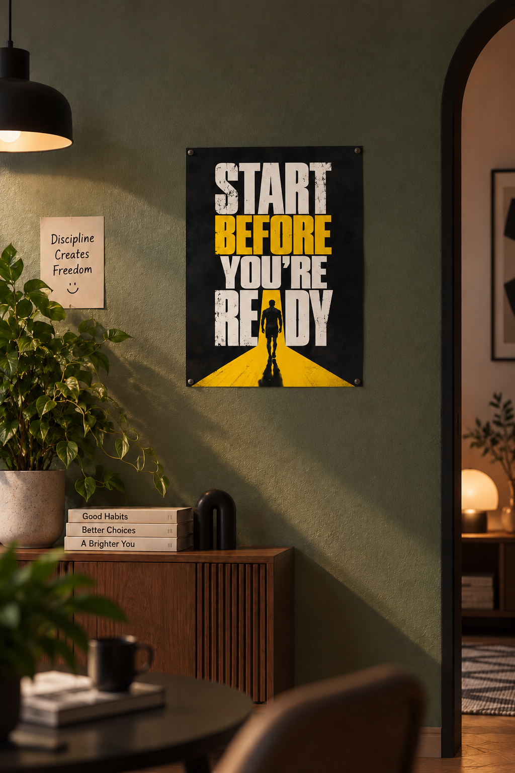 Bold START BEFORE YOU'RE READY lettering in white and yellow with a silhouette walking down a yellow road, poster in a styled room