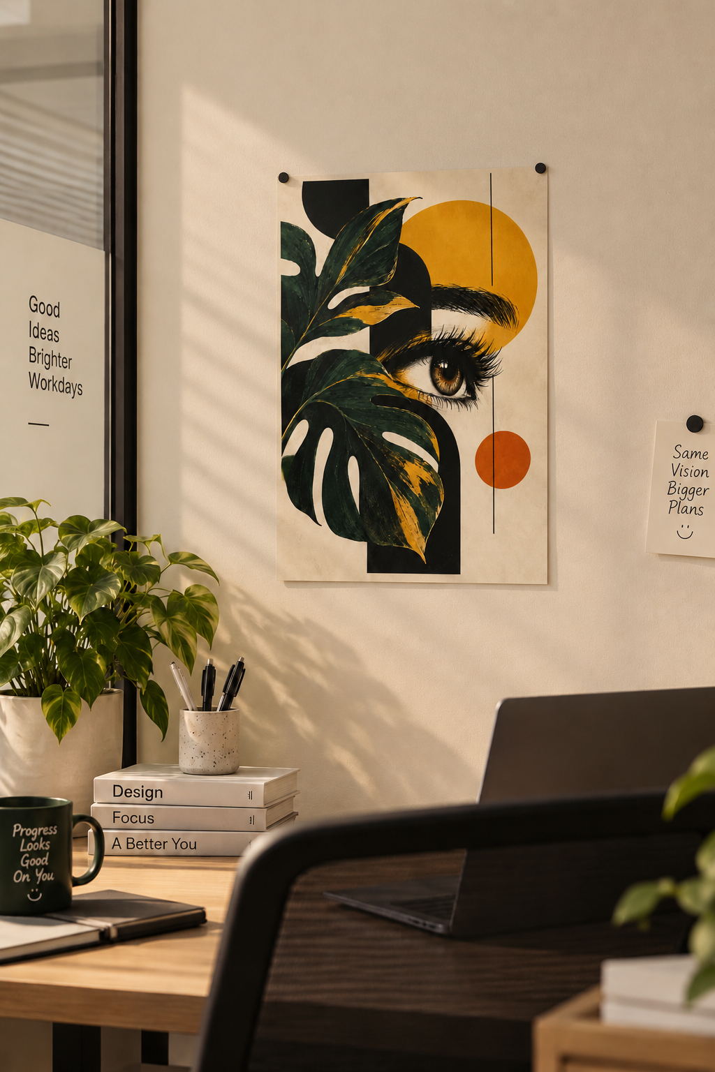 A detailed eye half-hidden by a dark monstera leaf, with yellow and orange circles and thin black lines, poster in a styled room