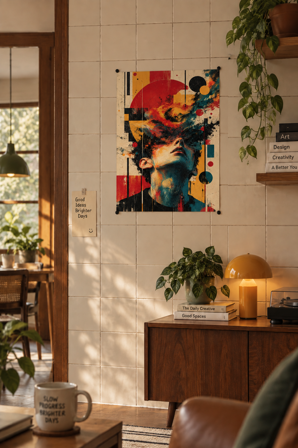 A face looking upward as the head bursts into colourful paint splashes and geometric shapes, poster in a styled room