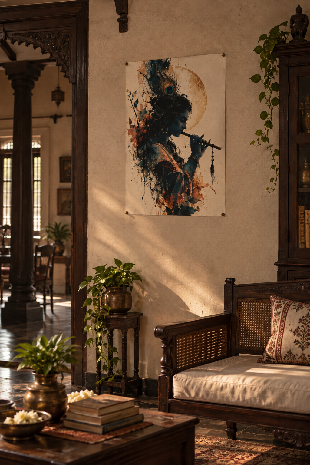 A flute player with a peacock feather in blue and blush ink wash, fading into white, poster in a styled room