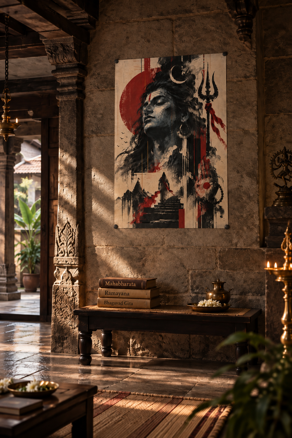 Lord Shiva with closed eyes, a crescent moon and trident, against a red sun and temple steps, poster in a styled room