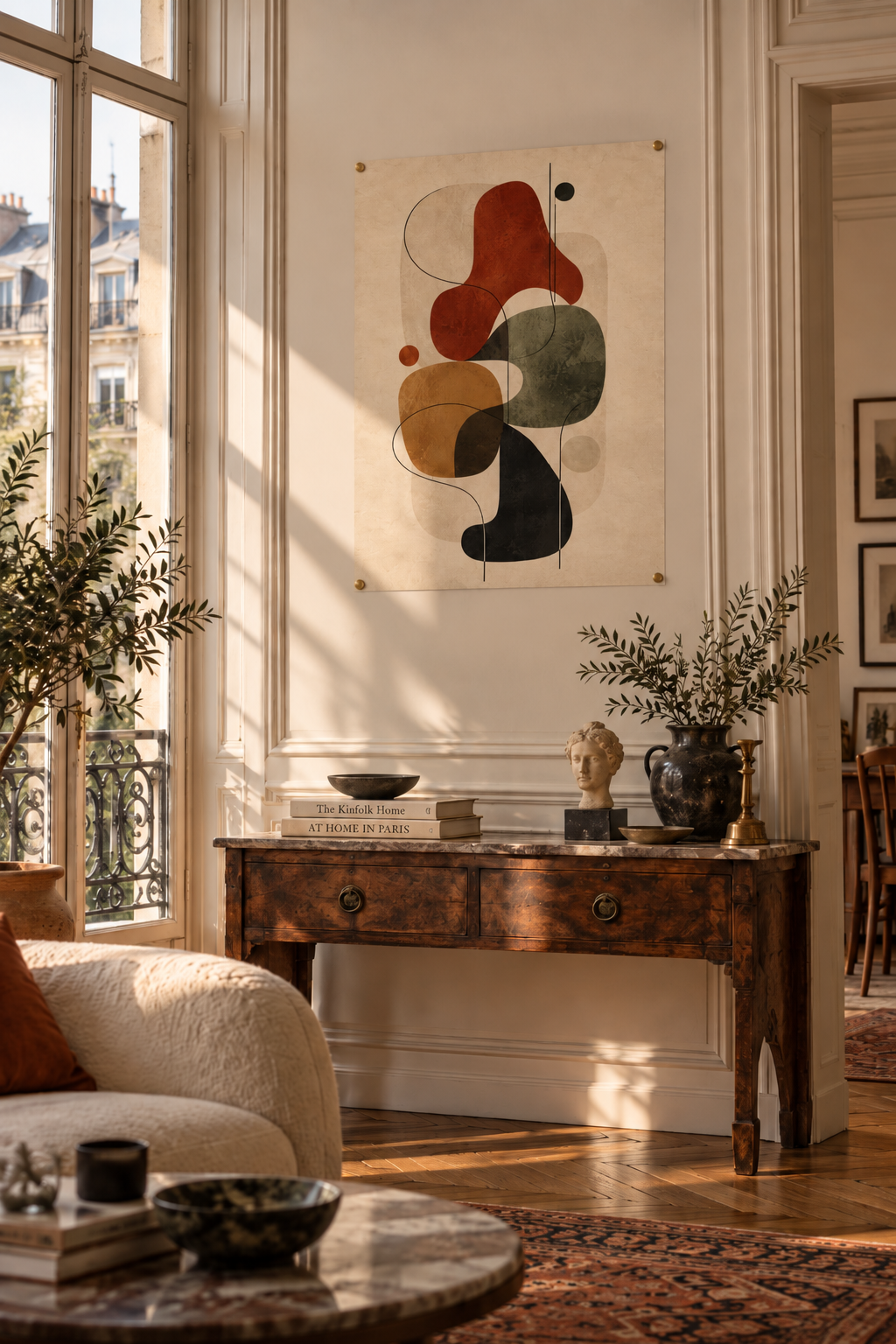 Stacked organic shapes in rust, olive, ochre and black with a single flowing line on beige, poster in a styled room