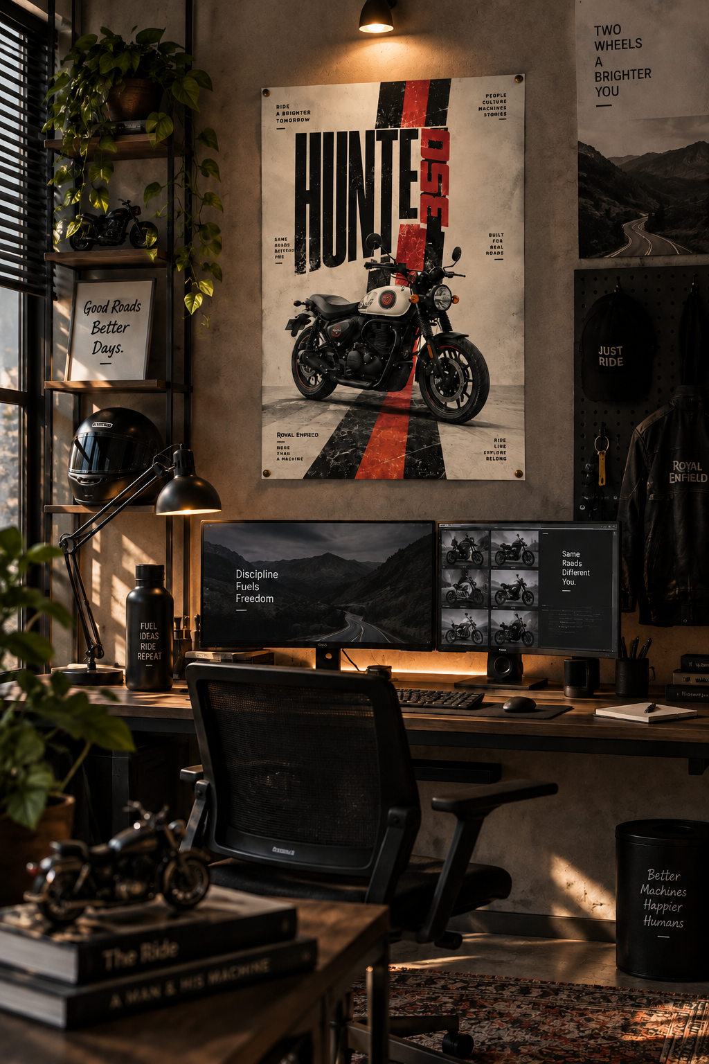 A retro roadster motorcycle on a red and black stripe with bold distressed lettering, poster in a styled room