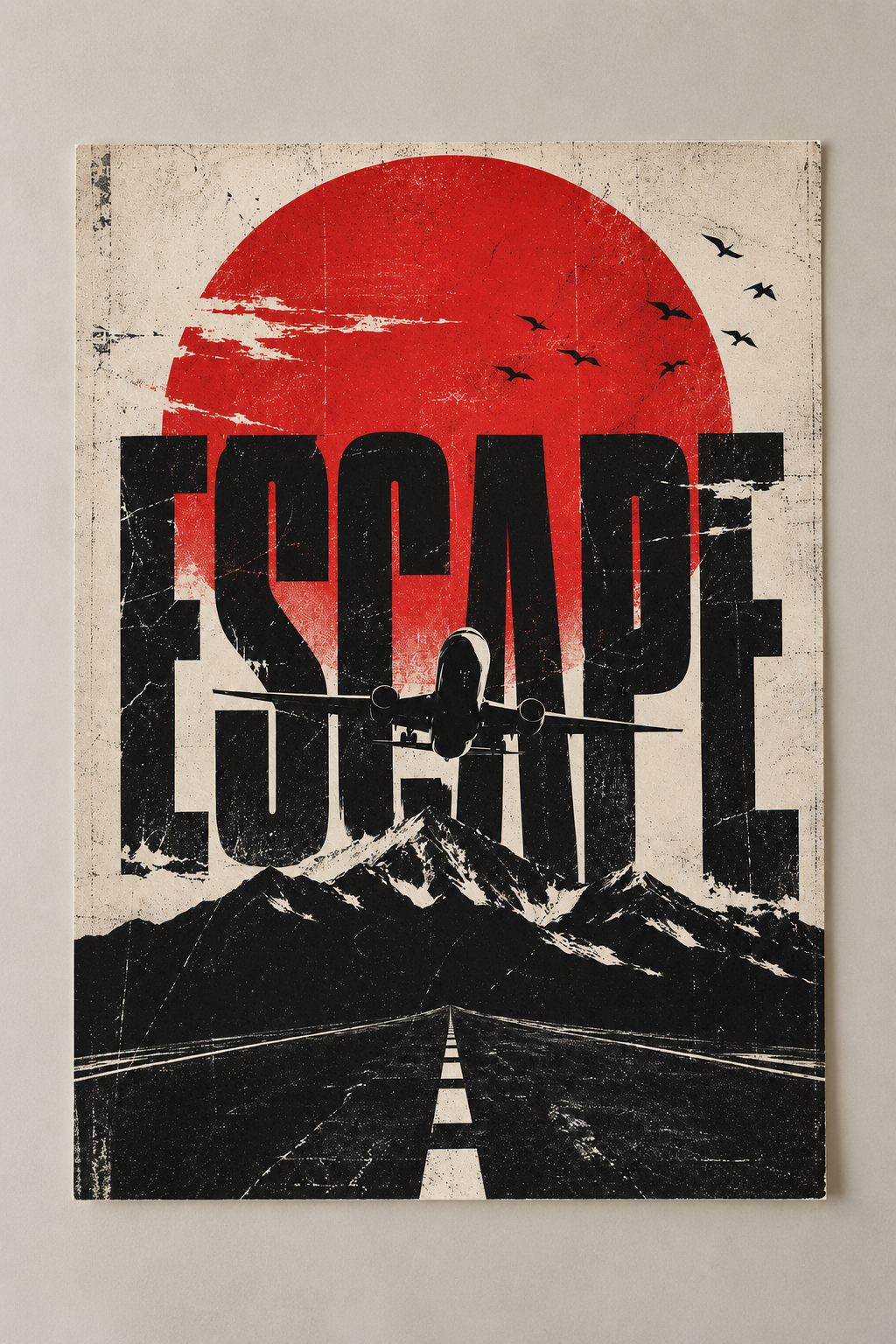 Distressed ESCAPE lettering over black mountains and an open road under a red sun and birds, poster on a plain wall