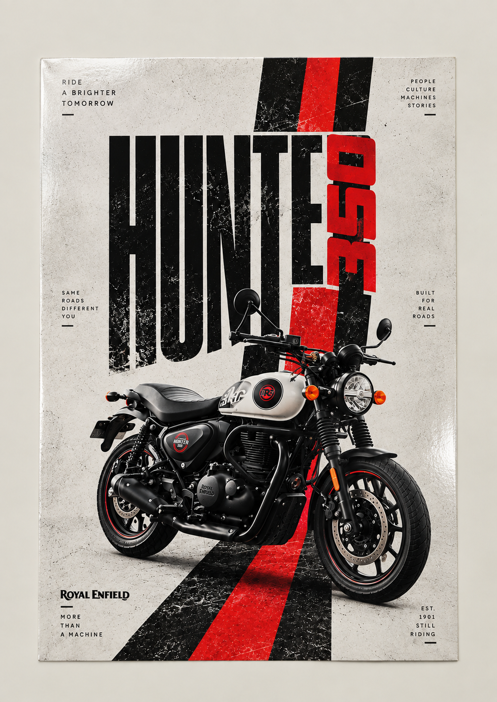 A retro roadster motorcycle on a red and black stripe with bold distressed lettering, poster on a plain wall