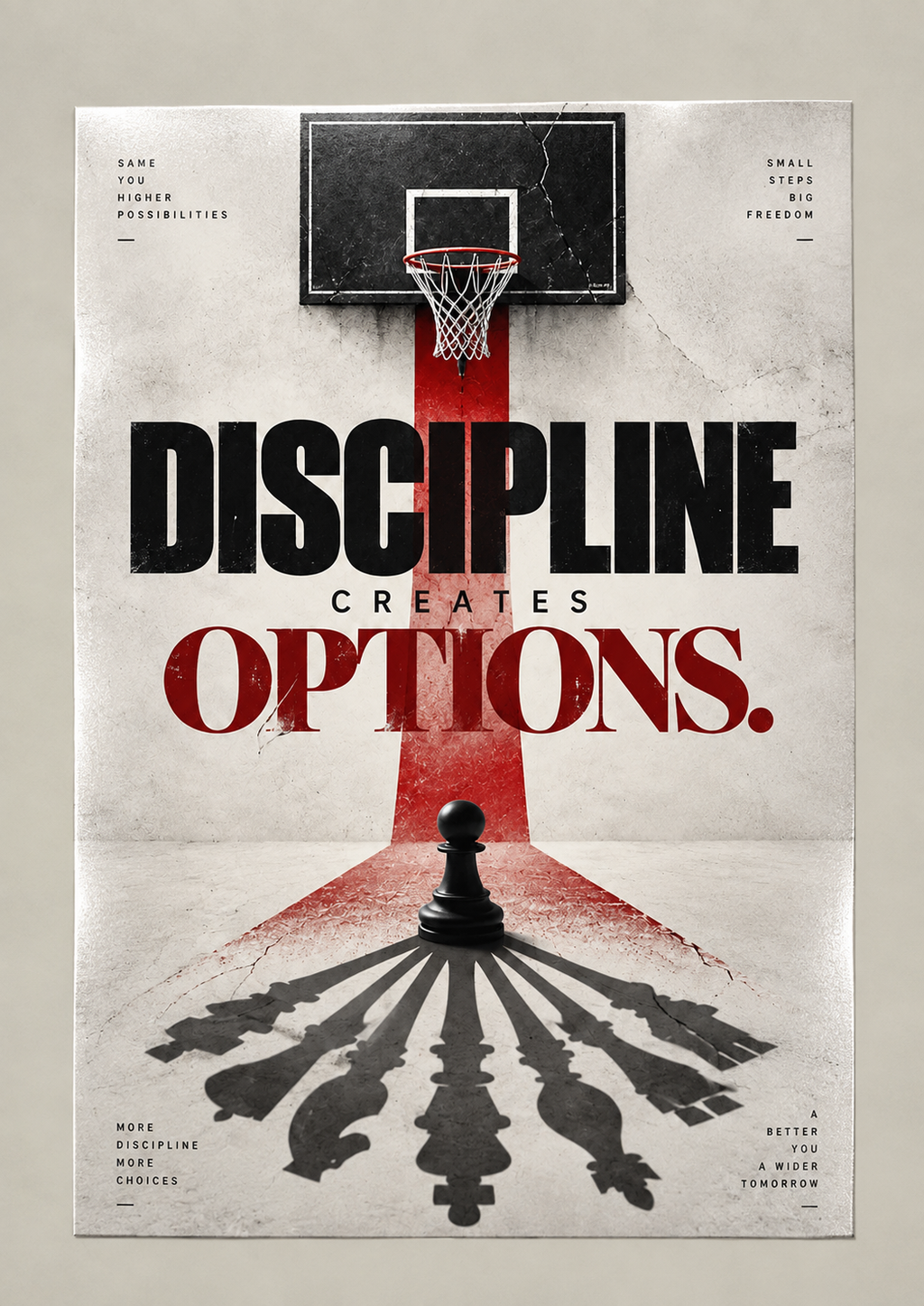 A basketball hoop above a red court path and a chess pawn casting the shadows of every chess piece, poster on a plain wall