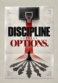 A basketball hoop above a red court path and a chess pawn casting the shadows of every chess piece, poster on a plain wall