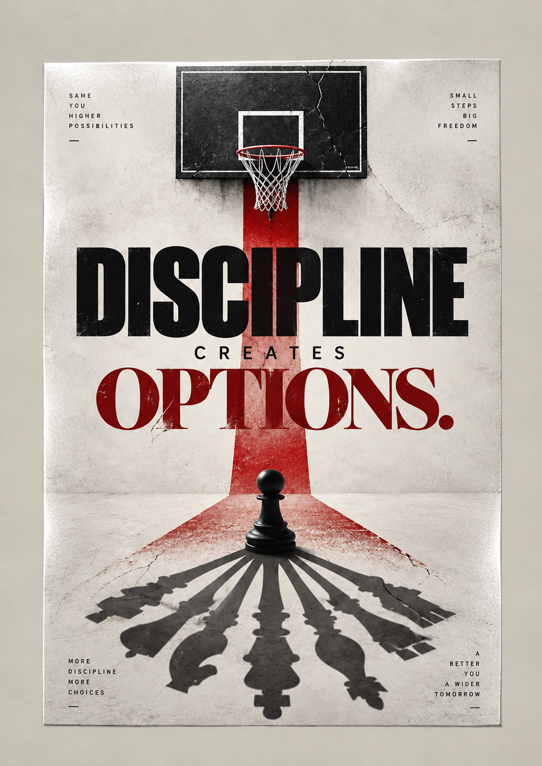 A basketball hoop above a red court path and a chess pawn casting the shadows of every chess piece, poster on a plain wall