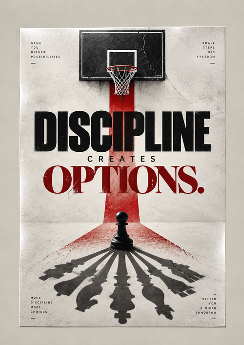 A basketball hoop above a red court path and a chess pawn casting the shadows of every chess piece, poster on a plain wall