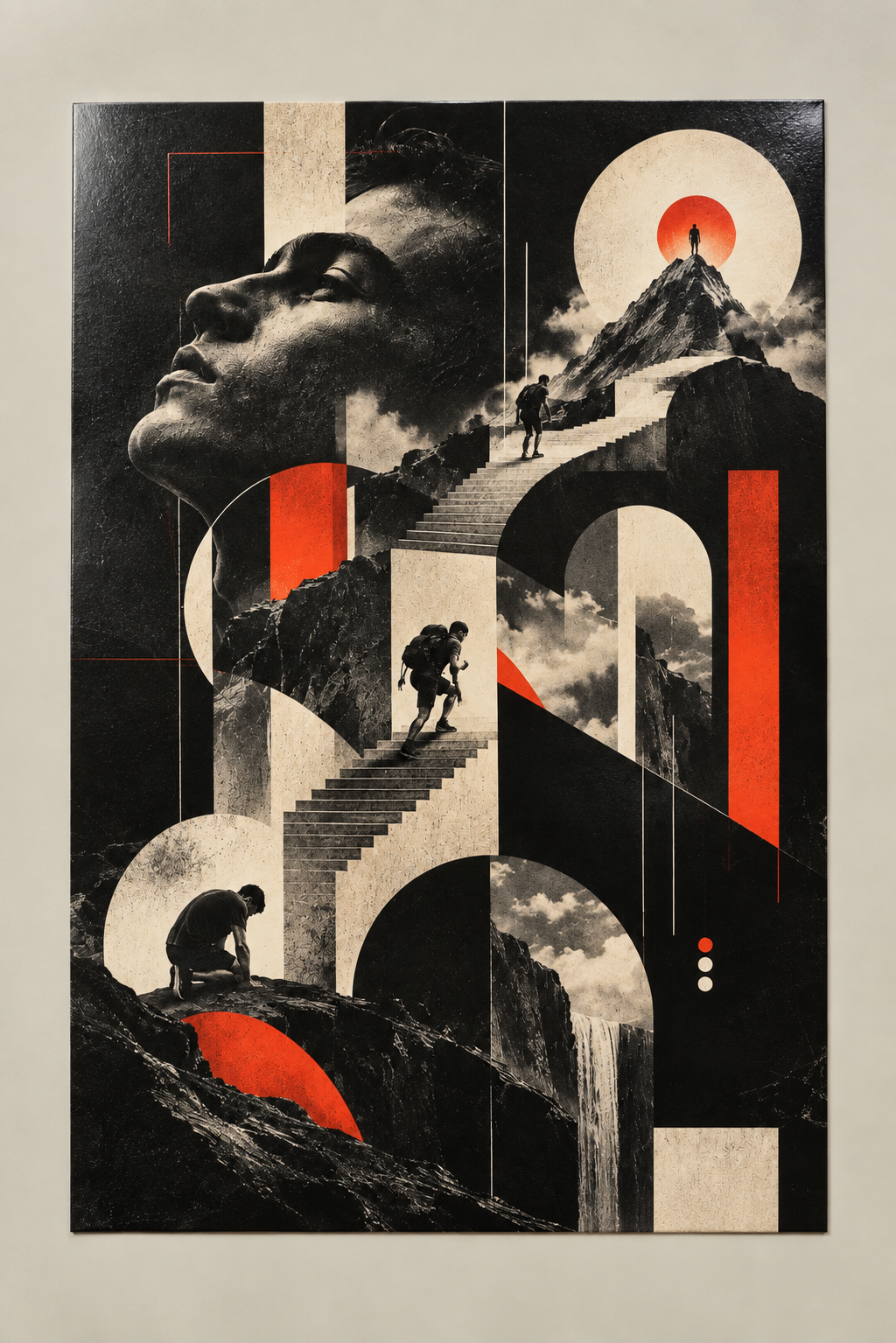 A giant face in profile above climbers on stairs and arches, with a red sun on a mountain peak, poster on a plain wall