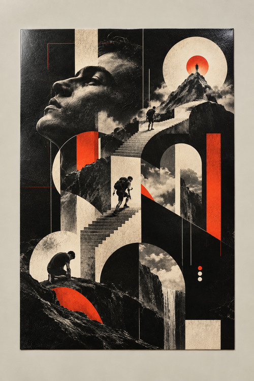 A giant face in profile above climbers on stairs and arches, with a red sun on a mountain peak, poster on a plain wall