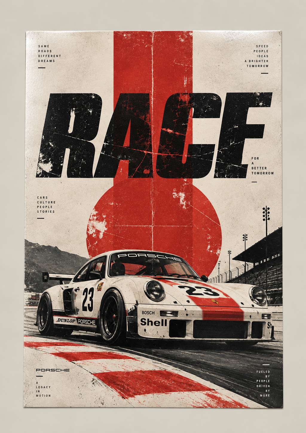 A classic white race car with red stripes and number 23 on a track under RACE lettering and a red sun, poster on a plain wall