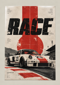 A classic white race car with red stripes and number 23 on a track under RACE lettering and a red sun, poster on a plain wall
