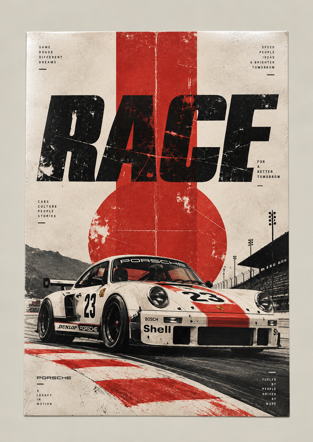 A classic white race car with red stripes and number 23 on a track under RACE lettering and a red sun, poster on a plain wall