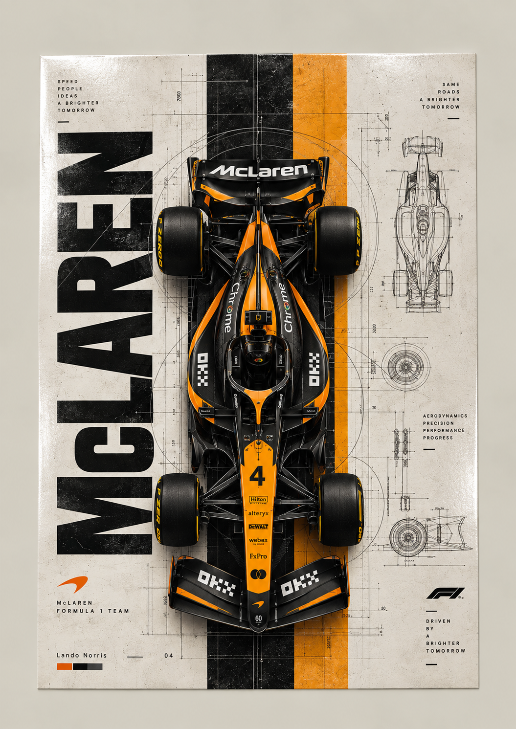 A top-down orange and black formula race car on a technical blueprint background, poster on a plain wall