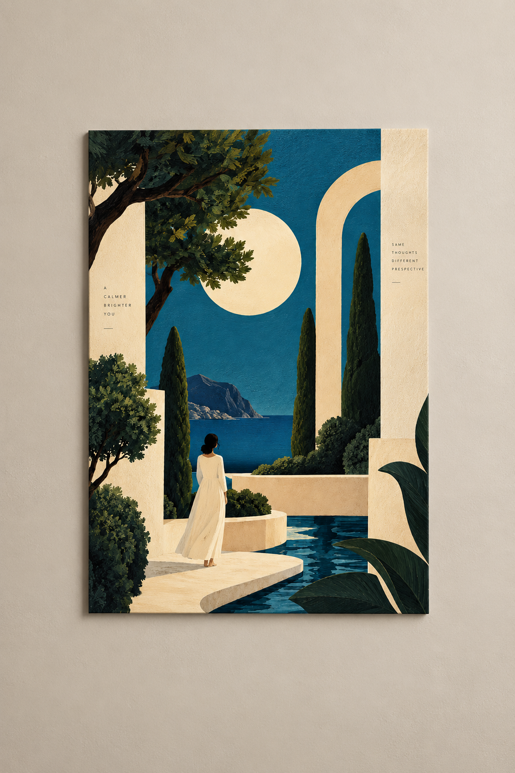 A woman in a white dress walking past a pool, white arches, cypress trees and a pale moon over the sea, poster on a plain wall