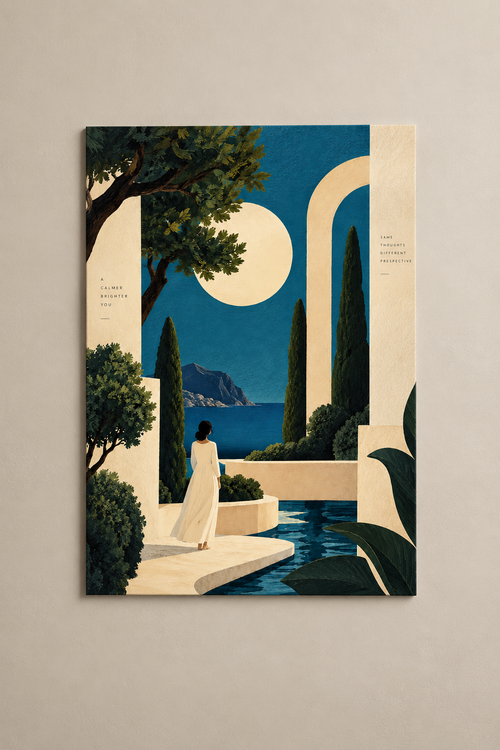 A woman in a white dress walking past a pool, white arches, cypress trees and a pale moon over the sea, poster on a plain wall