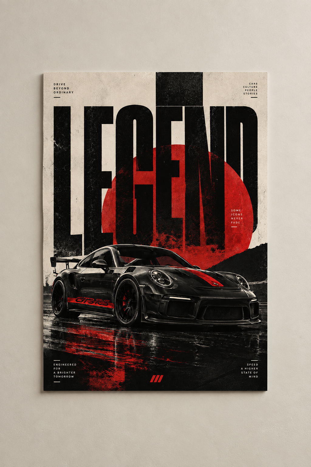A black sports car on a wet track under huge LEGEND lettering and a red sun, poster on a plain wall