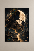 Krishna playing the flute under a full moon with Radha resting beside him over a riverside temple, poster on a plain wall