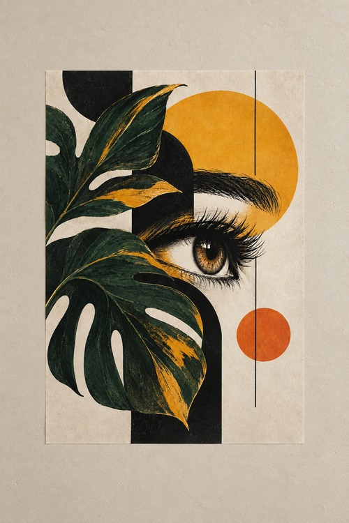 A detailed eye half-hidden by a dark monstera leaf, with yellow and orange circles and thin black lines, poster on a plain wall