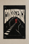 Warped white CONSISTENCY lettering over a head silhouette with a staircase climbing to a red-lit door, poster on a plain wall