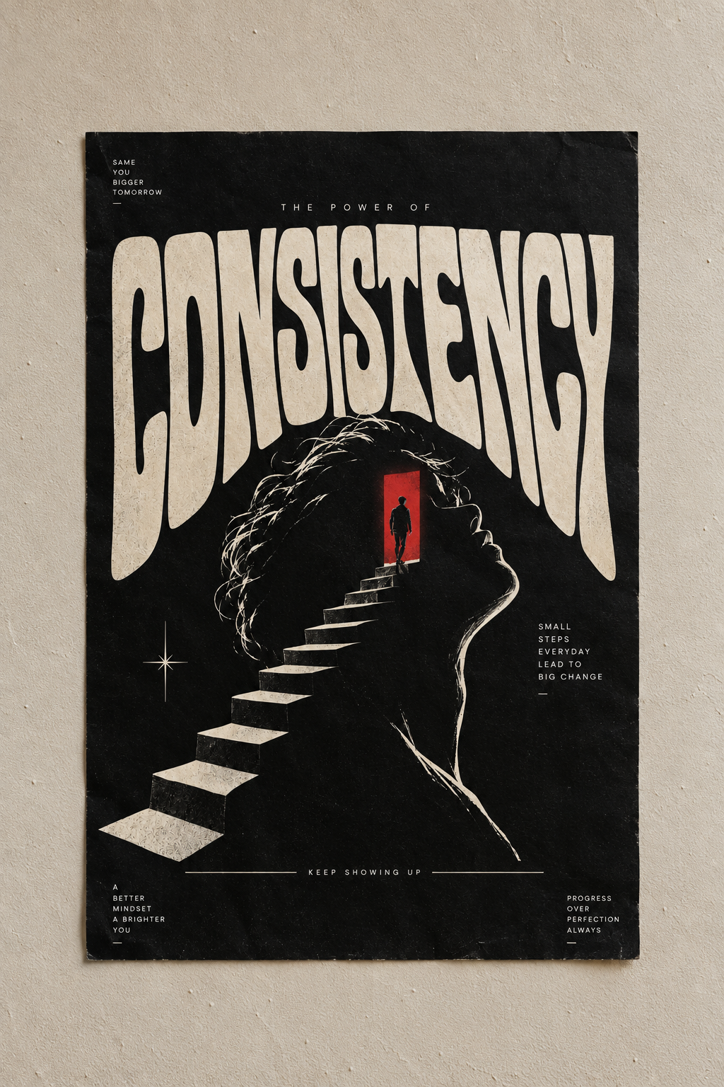 Warped white CONSISTENCY lettering over a head silhouette with a staircase climbing to a red-lit door, poster on a plain wall