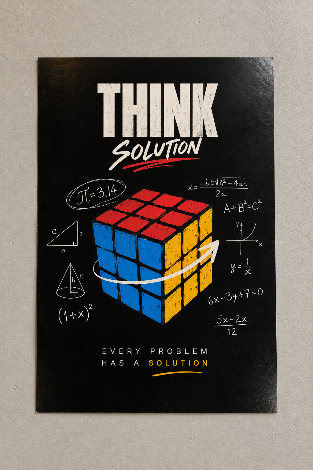 A colourful puzzle cube surrounded by chalk maths formulas under the words THINK SOLUTION, poster on a plain wall